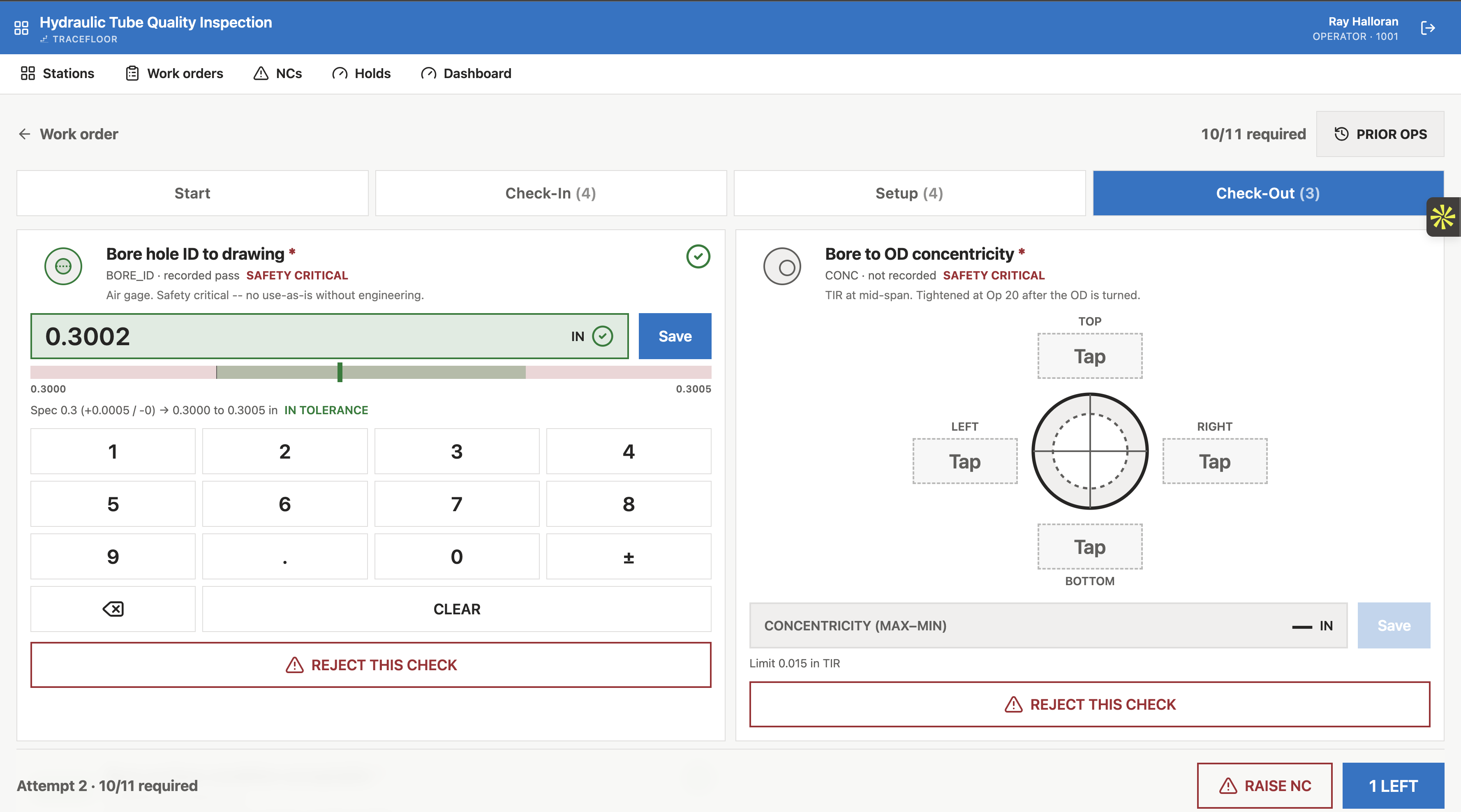 TraceFloor Check-out screen